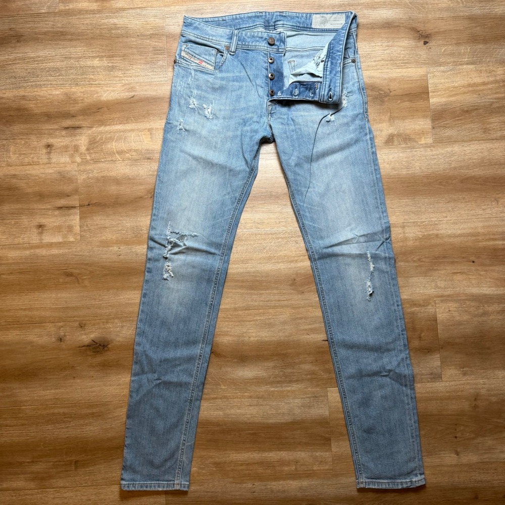 Diesel Sleenker Jeans Mens 31x32 Light Blue Distressed Slim Skinny 084KJ Stretch
